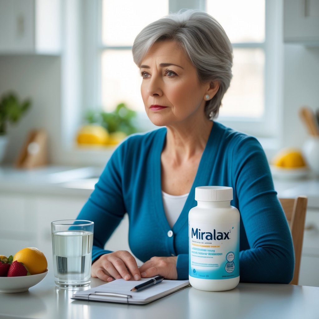 A woman sitting at a kitchen table with a glass of water and a bottle of Miralax, looking thoughtful.