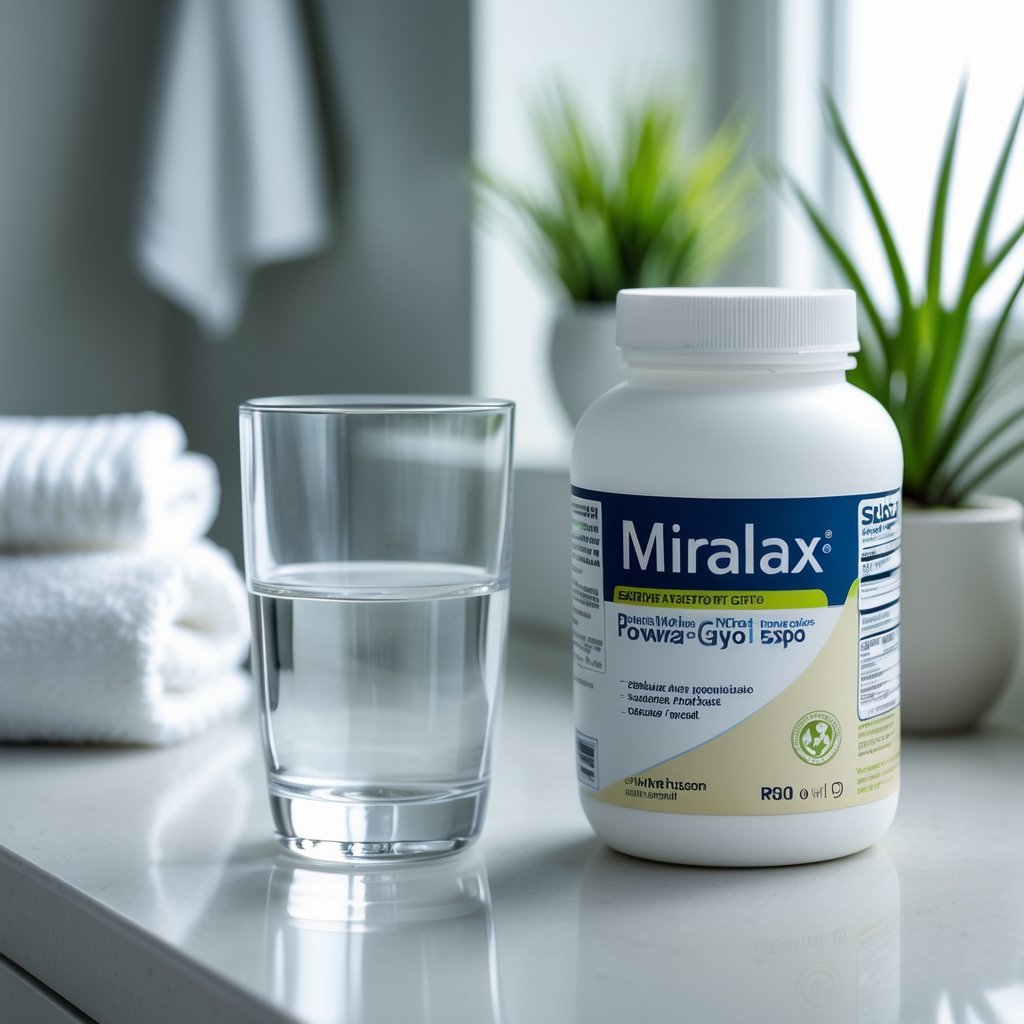 A glass of water and a bottle of Miralax powder on a bathroom countertop with a towel and a small plant in the background.