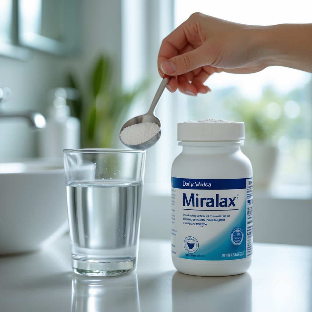 A hand scooping white powder from an open Miralax bottle next to a glass of water on a bathroom countertop.