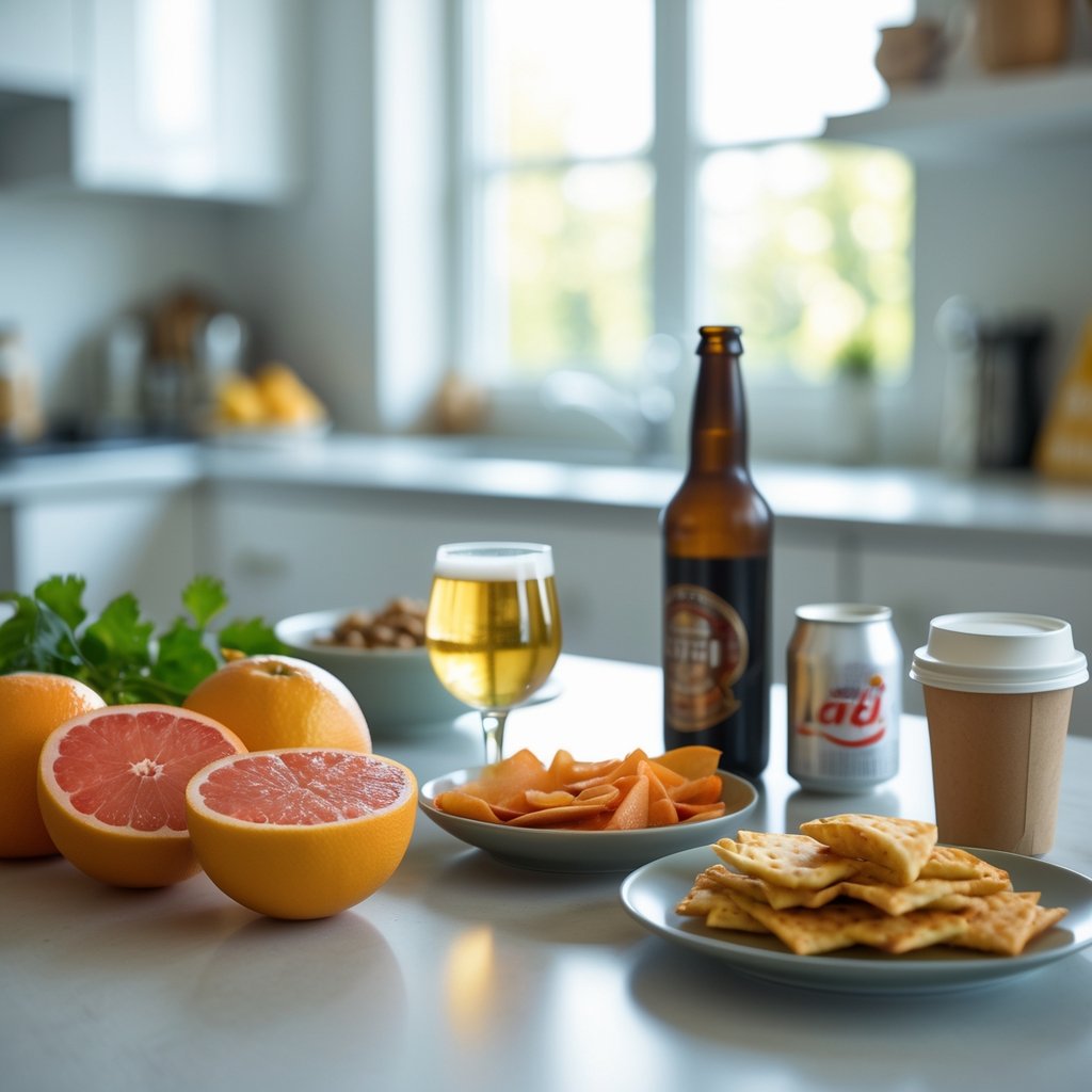 A kitchen countertop displaying grapefruit, wine, beer, coffee, energy drinks, and salty snacks arranged together.