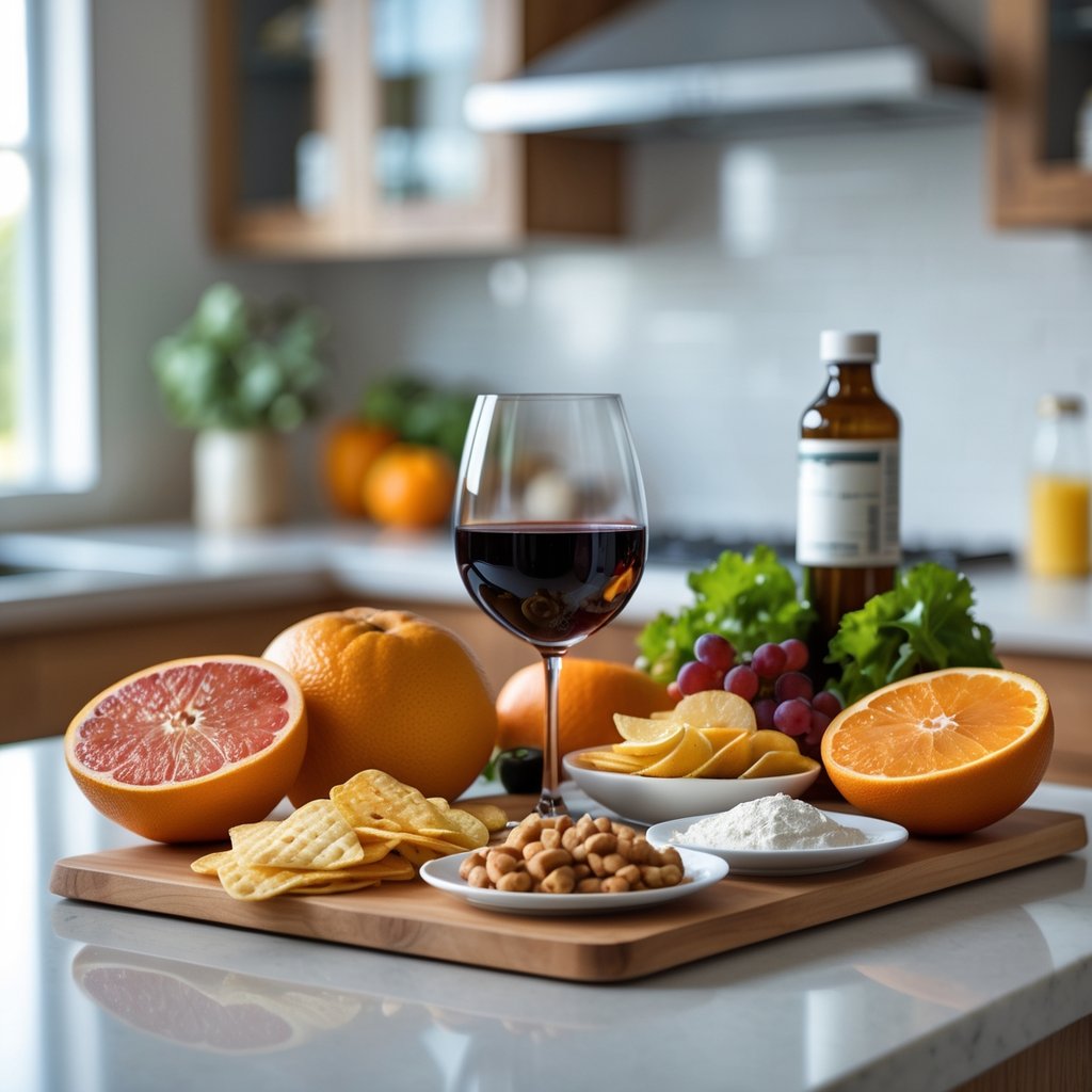 A kitchen countertop with grapefruit, wine, and salty snacks near a bottle of medication.