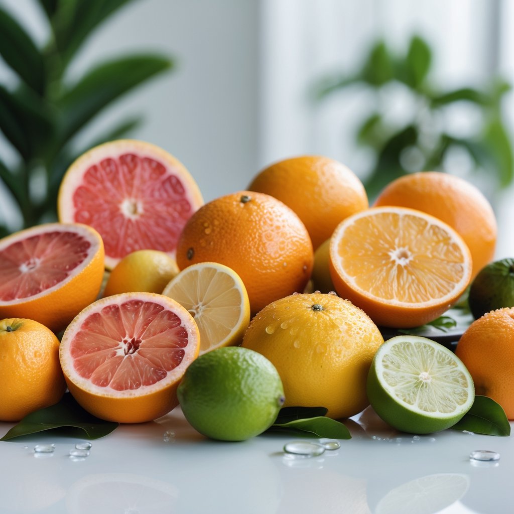 A close-up of fresh grapefruits, oranges, lemons, and limes arranged on a white surface.
