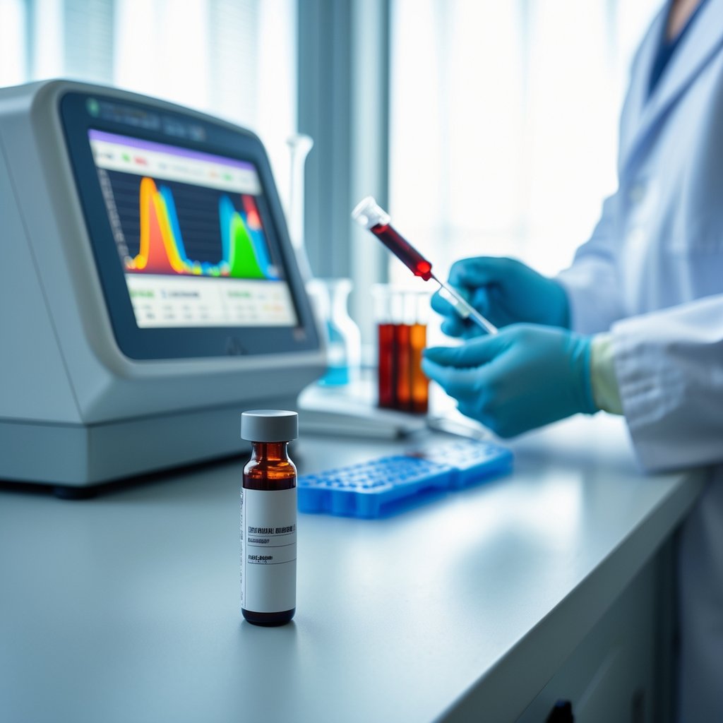 Close-up of a blood sample vial and a hematology analyzer in a medical laboratory with a technician handling blood test tubes in the background.
