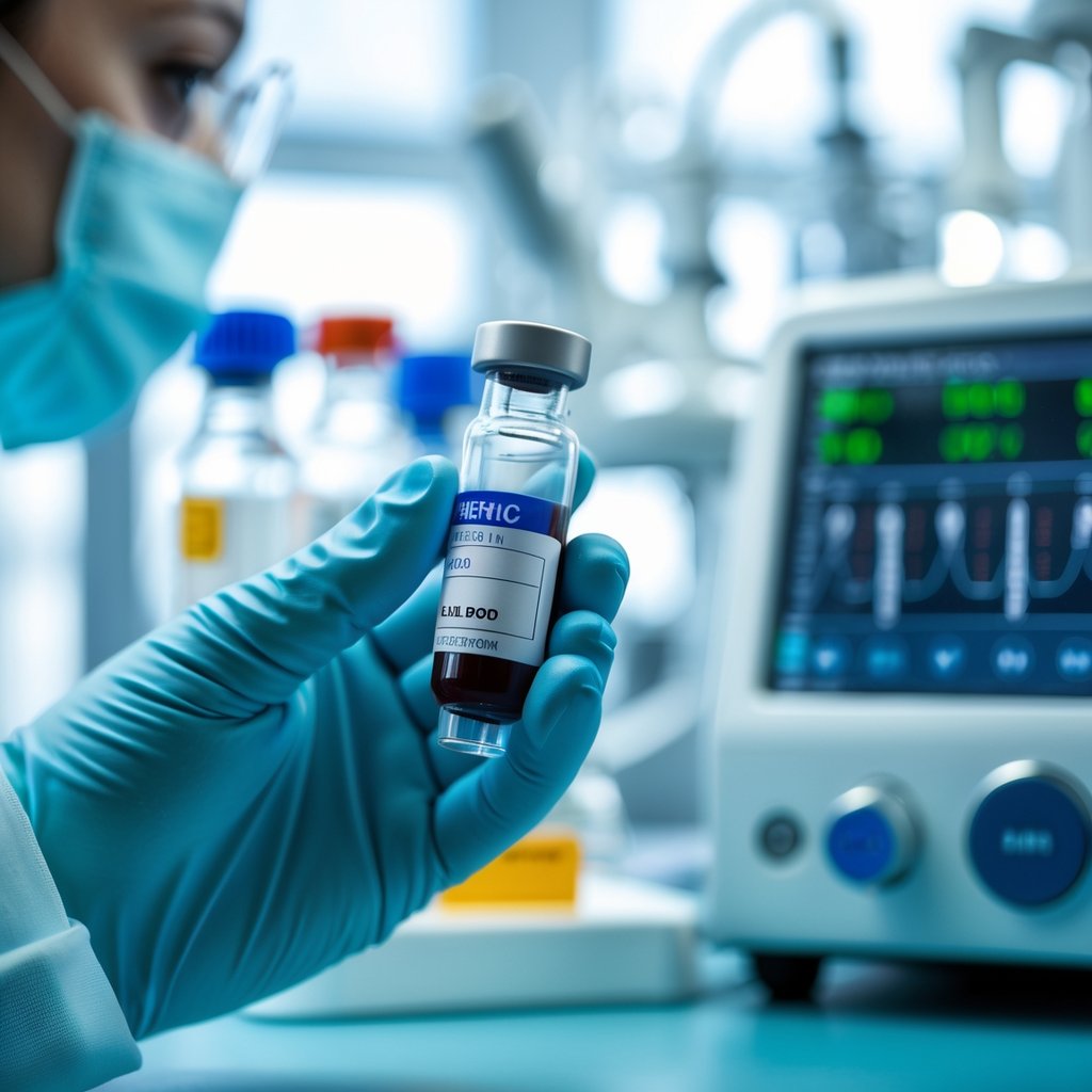 Close-up of a gloved hand holding a blood sample vial near a hematology analyzer in a medical laboratory.