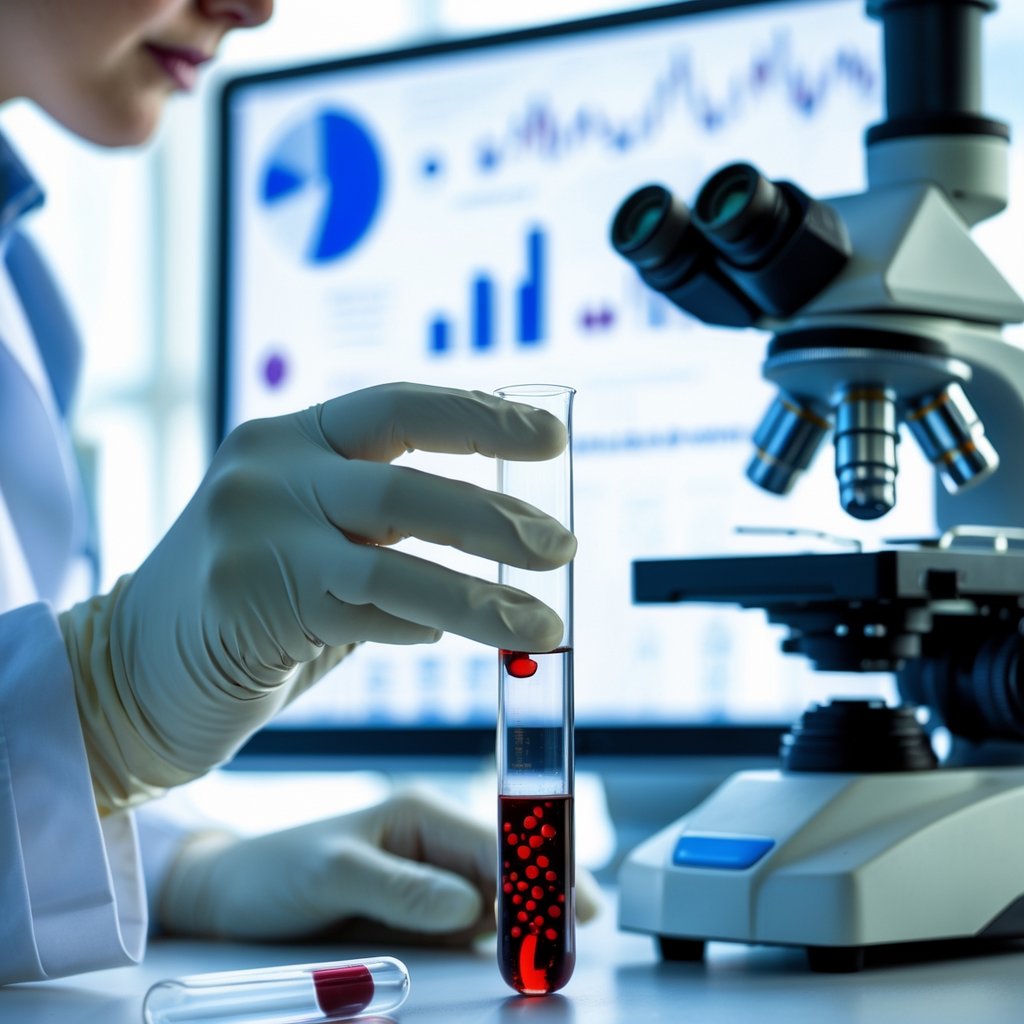 A scientist in a lab coat holding a test tube with red blood cells, with a microscope and digital blood test data in the background.