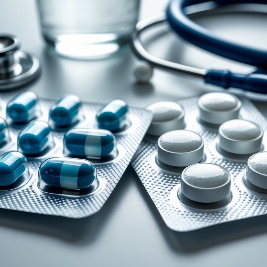 Close-up of two different medication blister packs, a glass of water, and a stethoscope on a white surface.