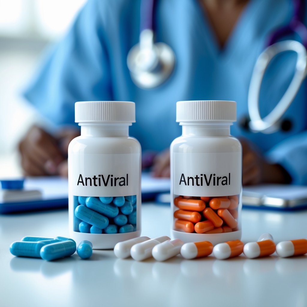 Two medicine bottles with different colored capsules on a white surface in a medical setting.