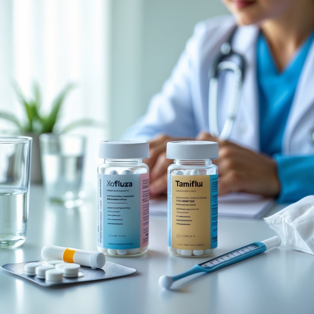 Two different pill bottles on a table with a thermometer, glass of water, and tissues nearby, while a healthcare professional talks to a patient in the background.