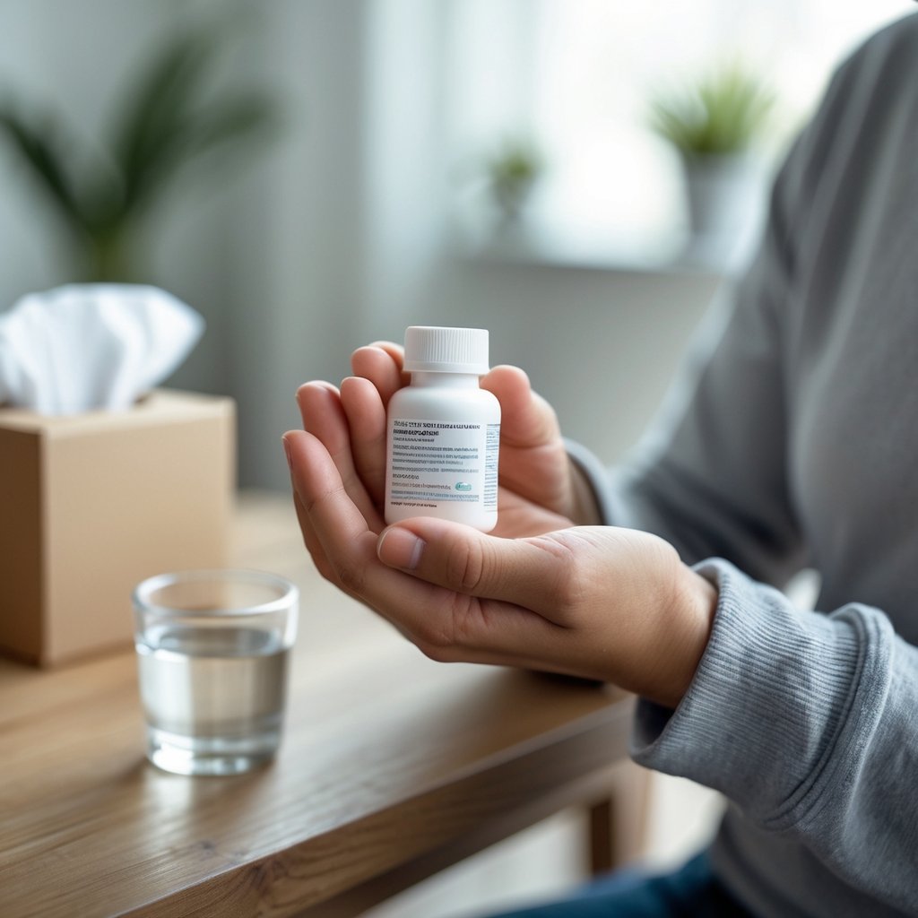 A person holding a small white prescription bottle near a table with tissues and a glass of water.