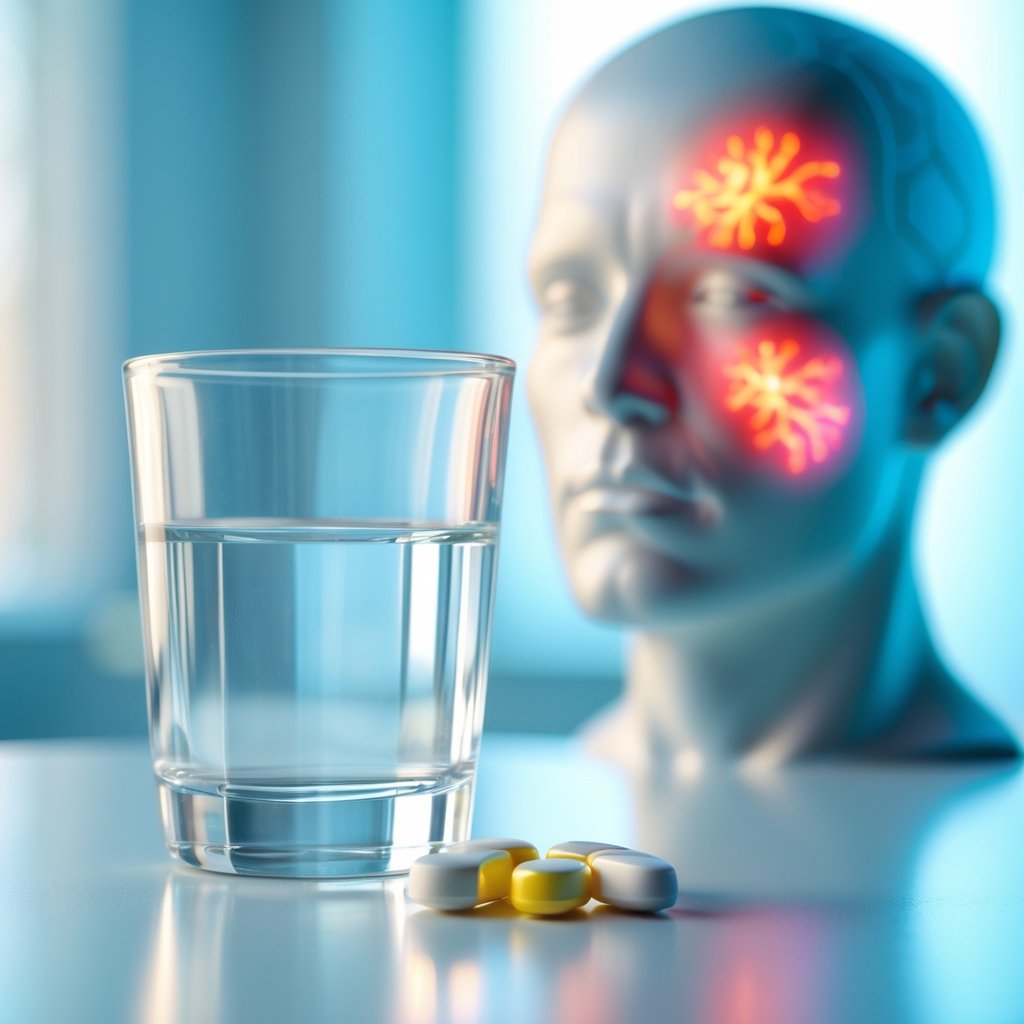 Close-up of prednisone pills and a glass of water on a white surface with an illustration of inflamed sinuses in the background.