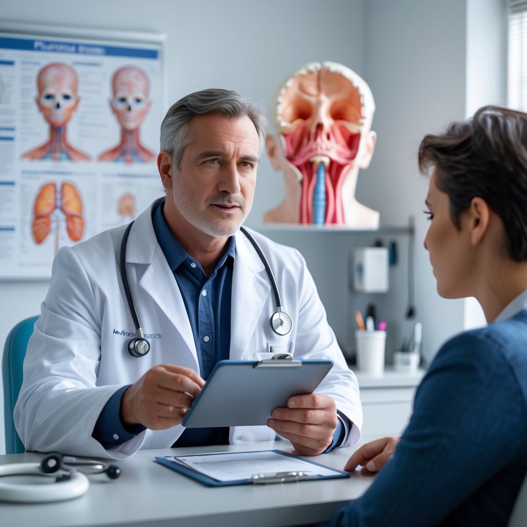 A doctor in a white coat talking to a patient in a medical office with sinus anatomy models visible in the background.