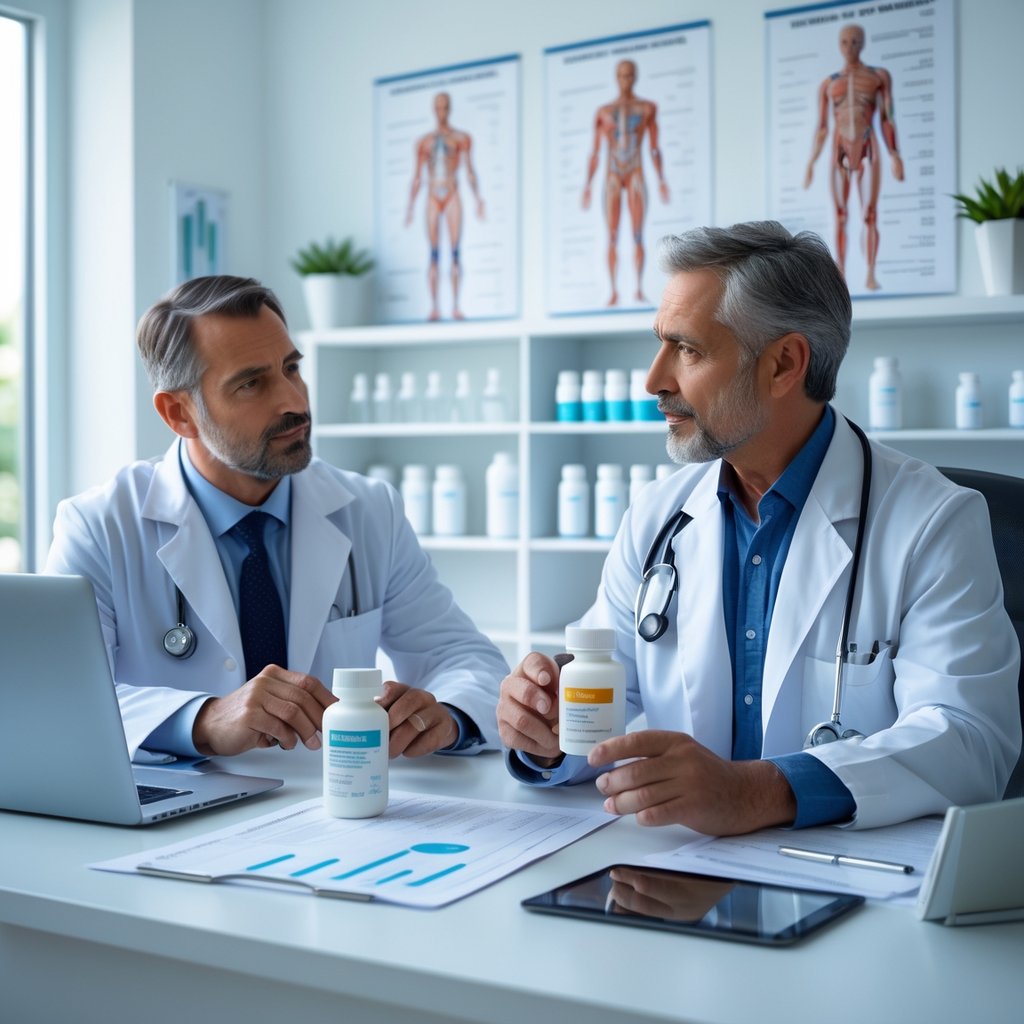 Doctor explaining medication dosage adjustments to a patient in a medical office.