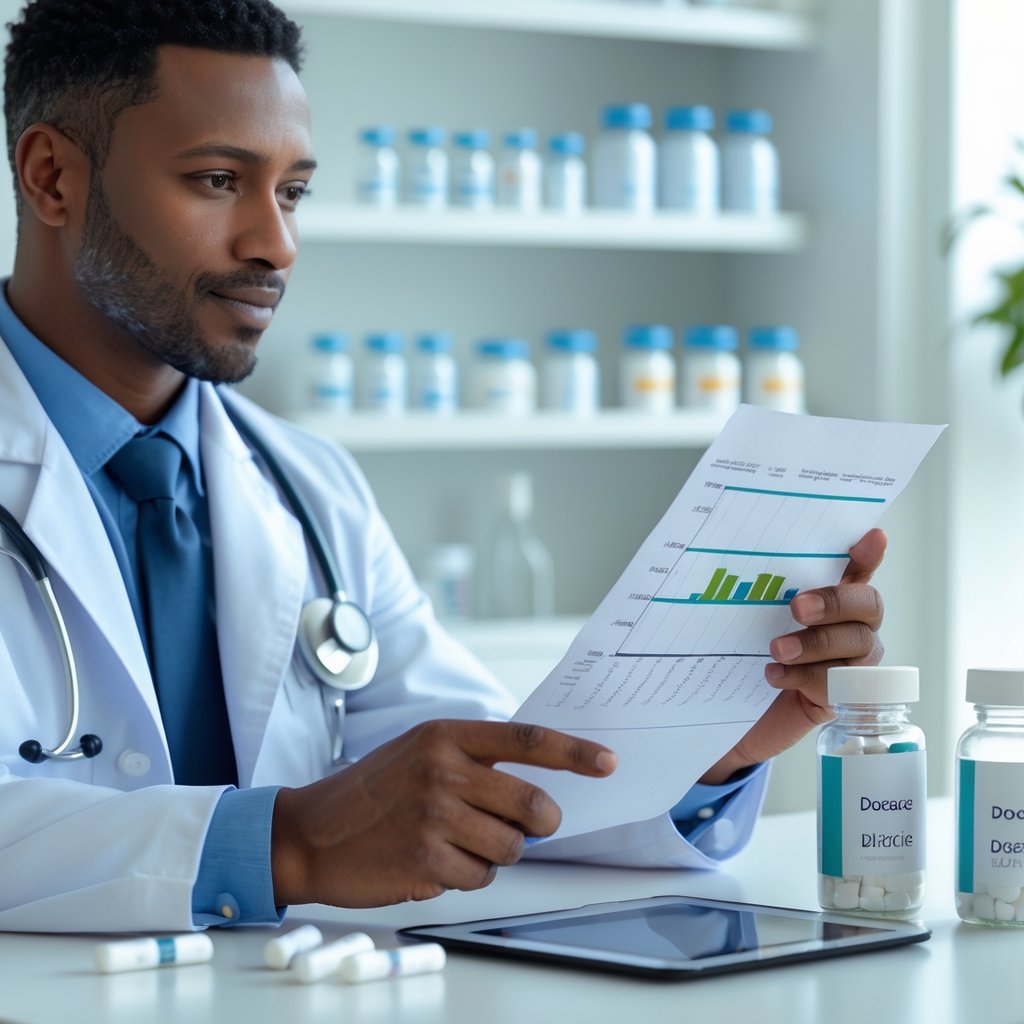A healthcare professional reviewing medication dosage information in a bright clinical setting with pill bottles and a digital tablet on the desk.