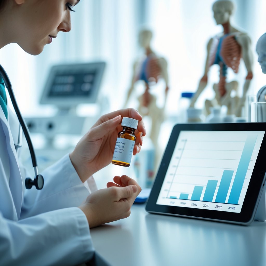 A healthcare professional reviewing medication dosage information on a digital tablet in a clinical setting.