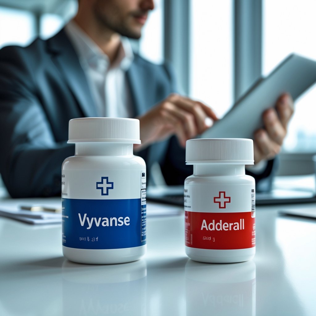A workspace with two prescription pill bottles on a desk and a person reviewing documents in the background.