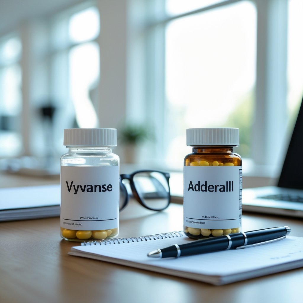 Two prescription pill bottles on a wooden desk with eyeglasses and a notepad in a bright office setting.