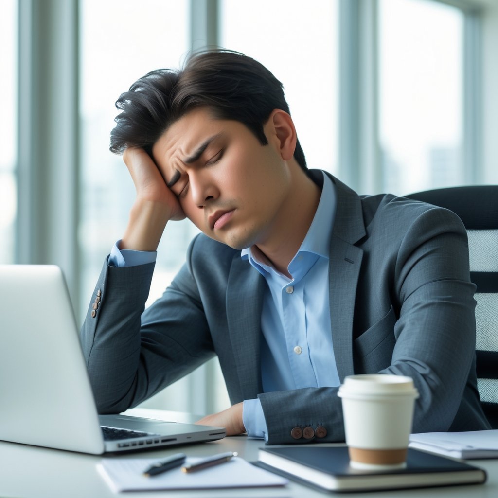 A young adult sitting at an office desk looking tired and sleepy, resting their head on their hand with eyes half-closed.