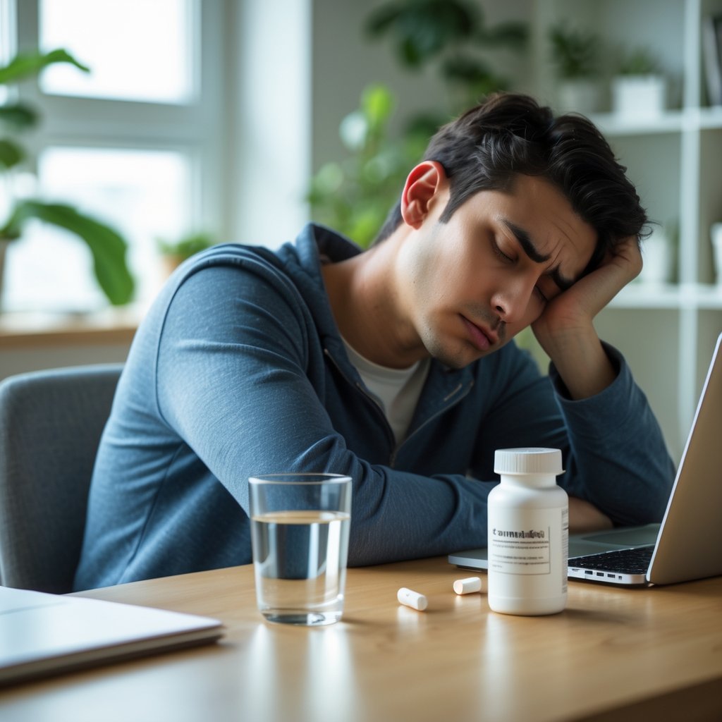 A young adult sitting at a desk looking tired and resting their head on one hand with a pill bottle and glass of water nearby.