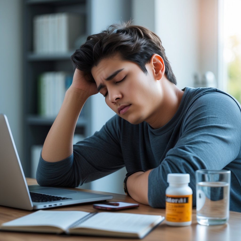 A young adult sitting at a desk looking tired and sleepy with a laptop, notebook, and medication bottle nearby in a home office.