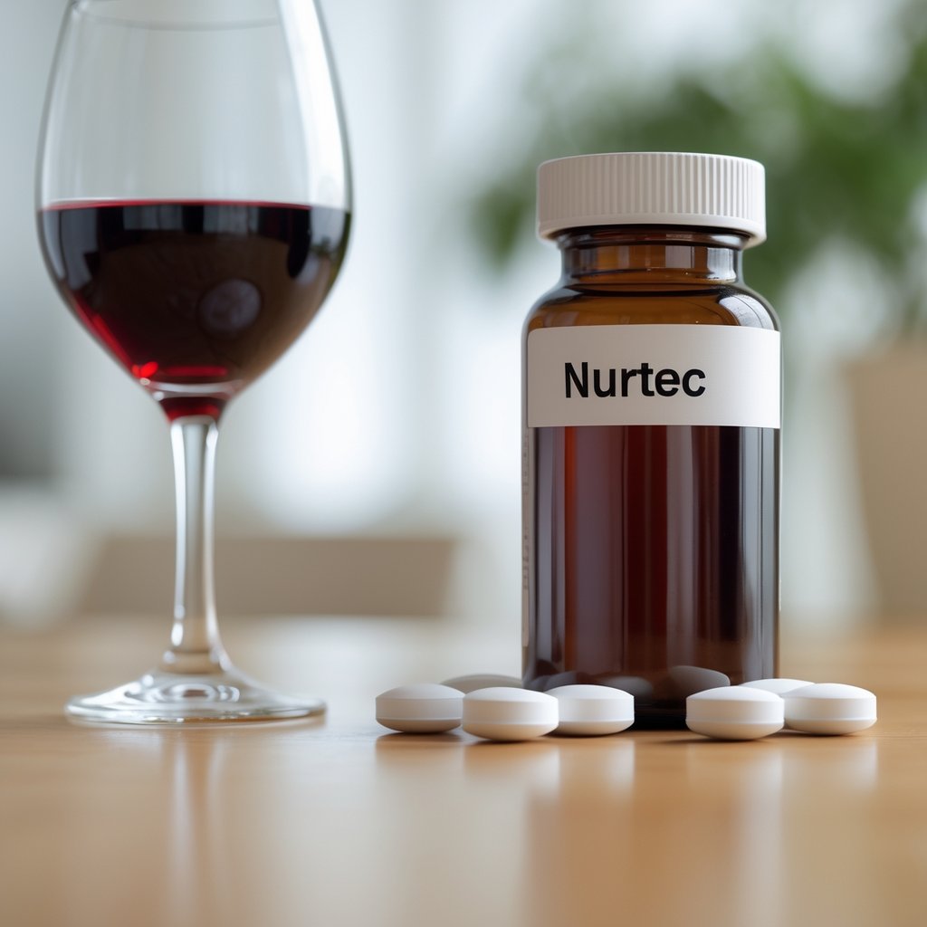 A glass of red wine next to a white pill bottle with white tablets on a wooden table.