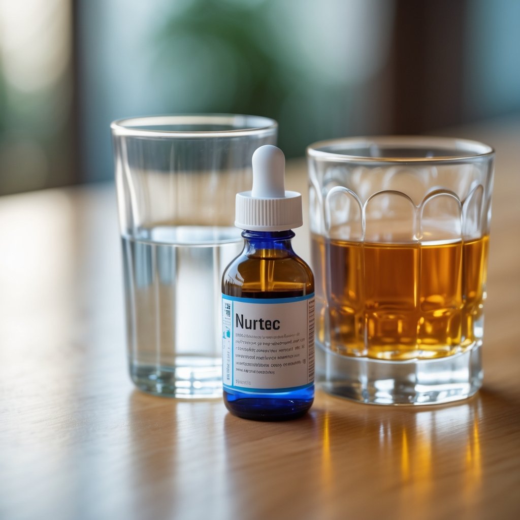 A close-up of a Nurtec medication bottle, a glass of water, and a glass of amber-colored alcohol on a wooden table.