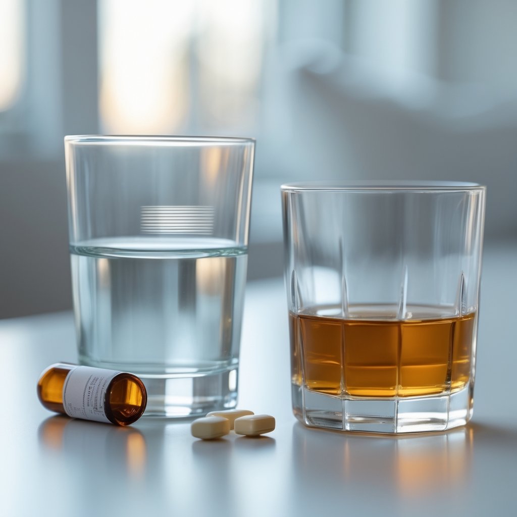 A glass of water next to a pill bottle and a glass of amber-colored alcohol on a table.