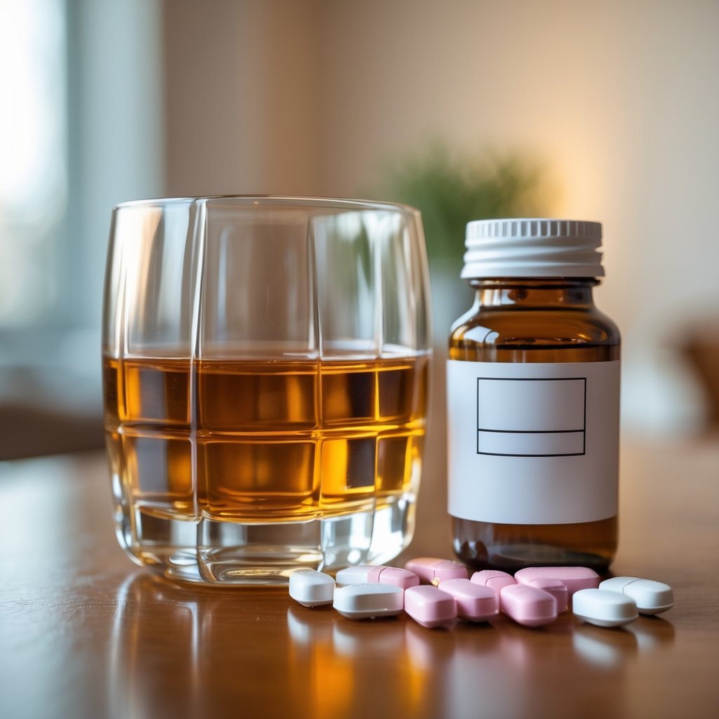 A glass of amber alcohol next to a white medicine bottle and scattered capsules on a wooden table.