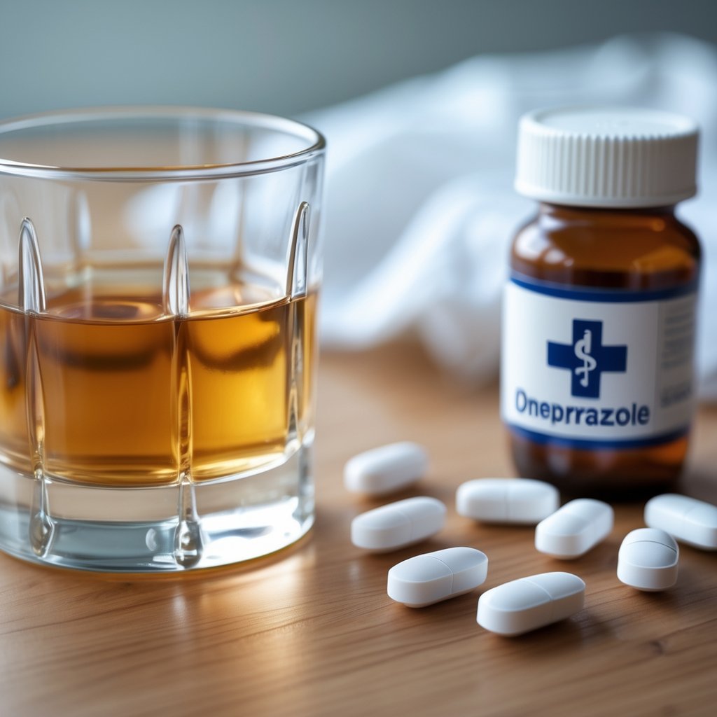 A glass of alcohol next to a pill bottle and scattered tablets on a wooden table.