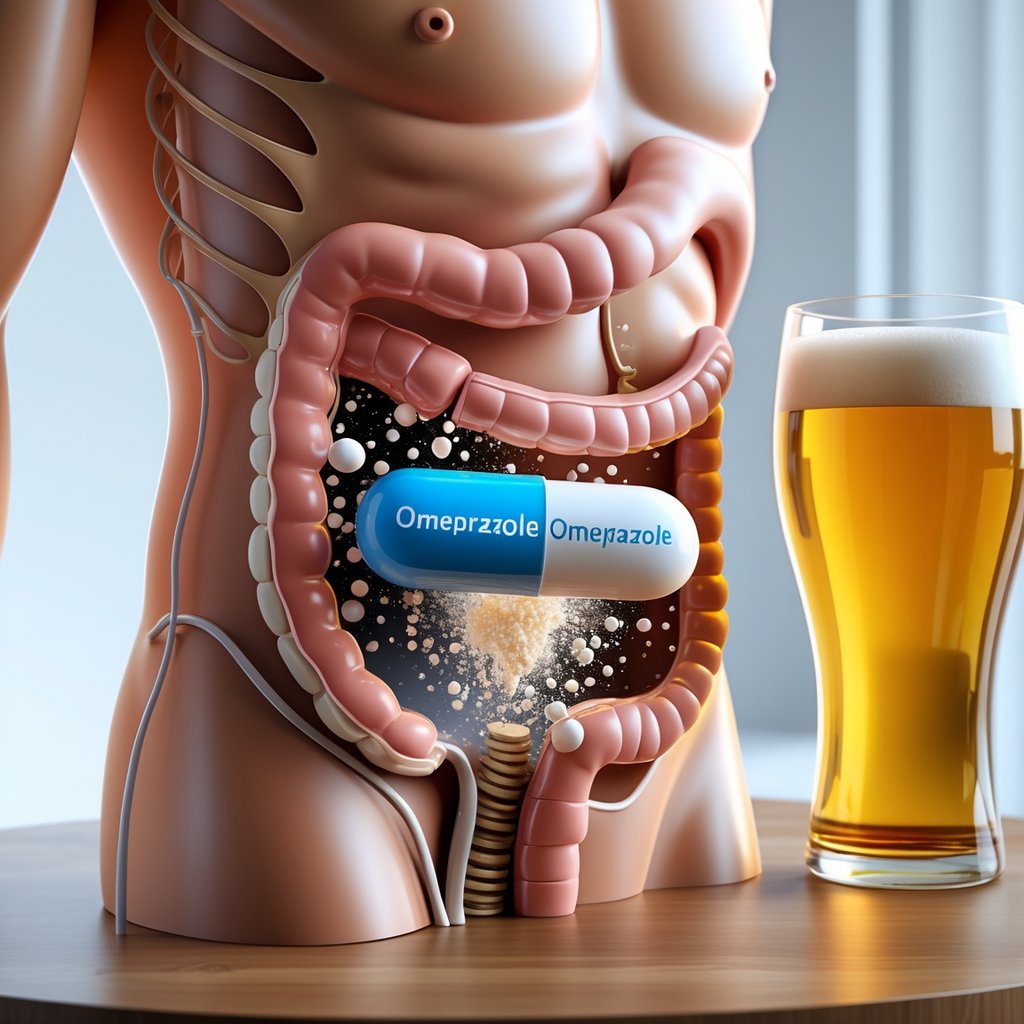 Close-up of a human stomach with a medicine capsule dissolving inside and a glass of alcohol nearby on a table.