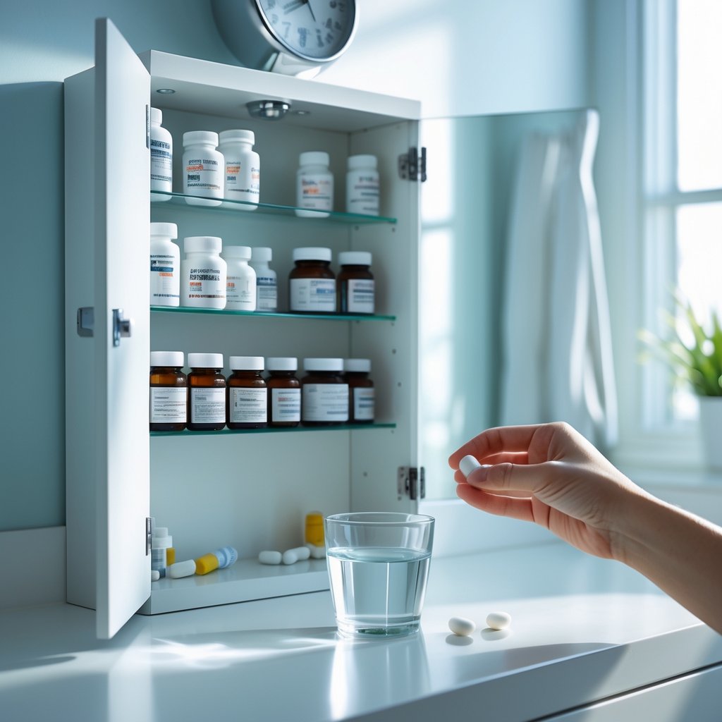 A hand reaching for a pill from a glass of water on a bathroom counter next to an open medicine cabinet with medication bottles.