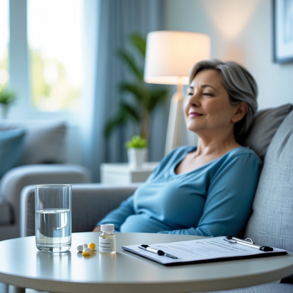 A middle-aged woman sitting on a couch with a glass of water and a pill bottle on a nearby table in a softly lit living room.