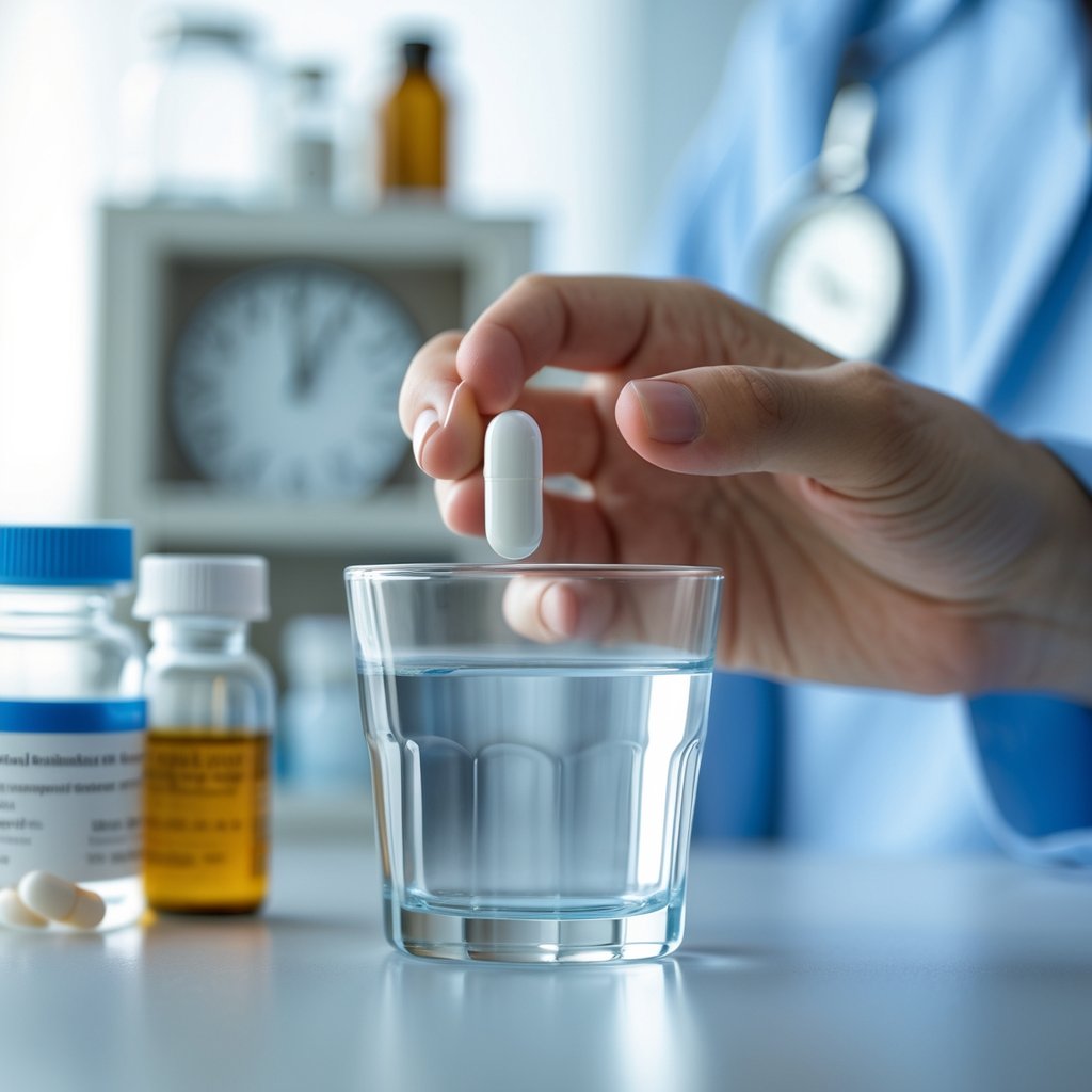 Person holding a white pill and a glass of water with a blurred medicine cabinet and clock in the background.