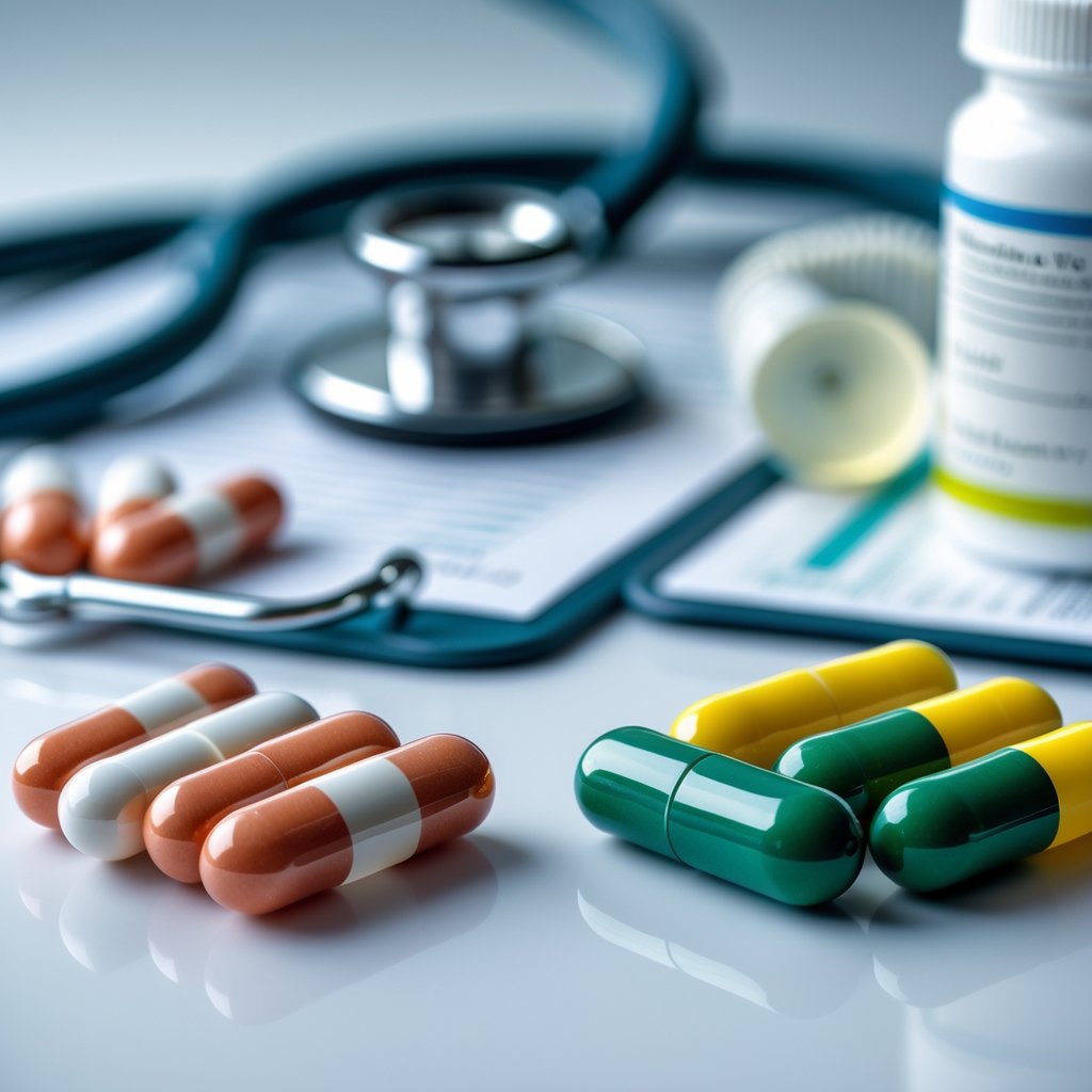 Two groups of prescription capsules on a white surface with medical tools blurred in the background.