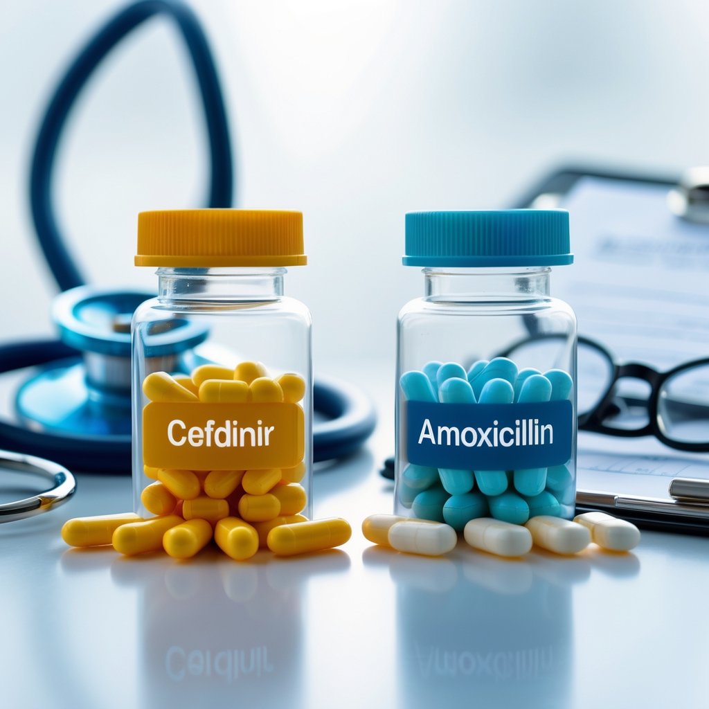 Two prescription pill bottles with capsules on a white surface, surrounded by medical tools like a stethoscope and clipboard.