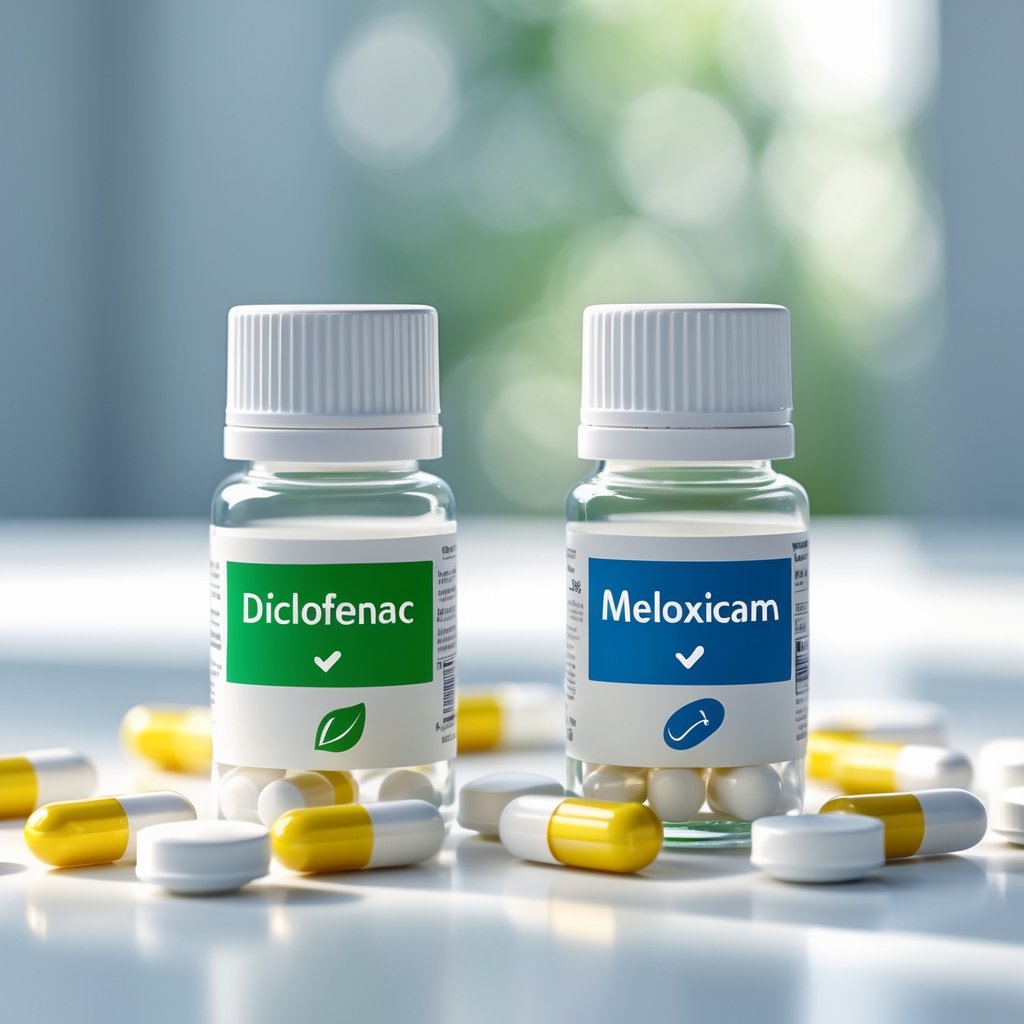 Two medicine bottles with different colored accents and scattered tablets on a white surface.