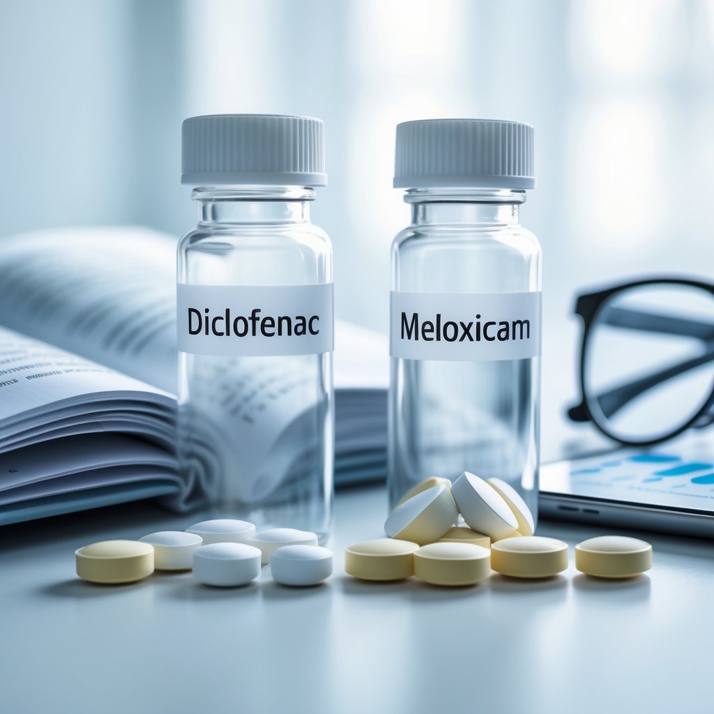 Two medicine bottles with tablets on a white surface next to scientific materials including a medical book, eyeglasses, and a tablet showing charts.