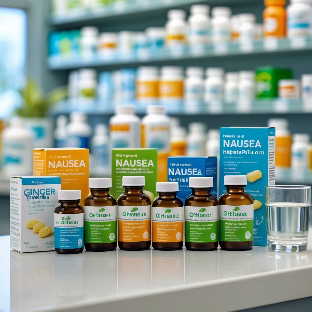 A pharmacy countertop with various over-the-counter anti-nausea remedies like ginger capsules, vitamin B6 supplements, and herbal teas arranged neatly next to a glass of water.