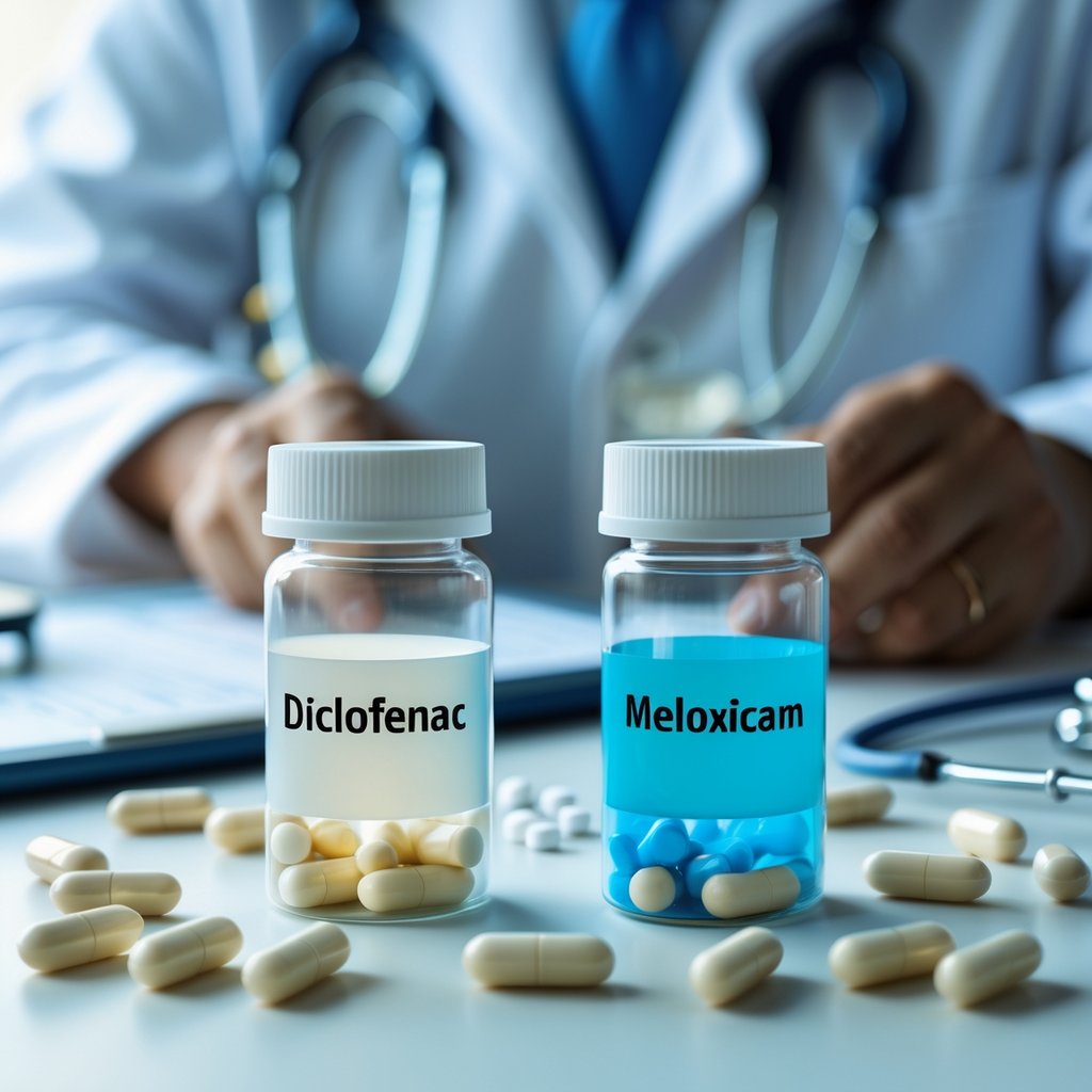 Two pill bottles and scattered capsules on a white surface with a healthcare professional holding a tablet and medical tools in the background.
