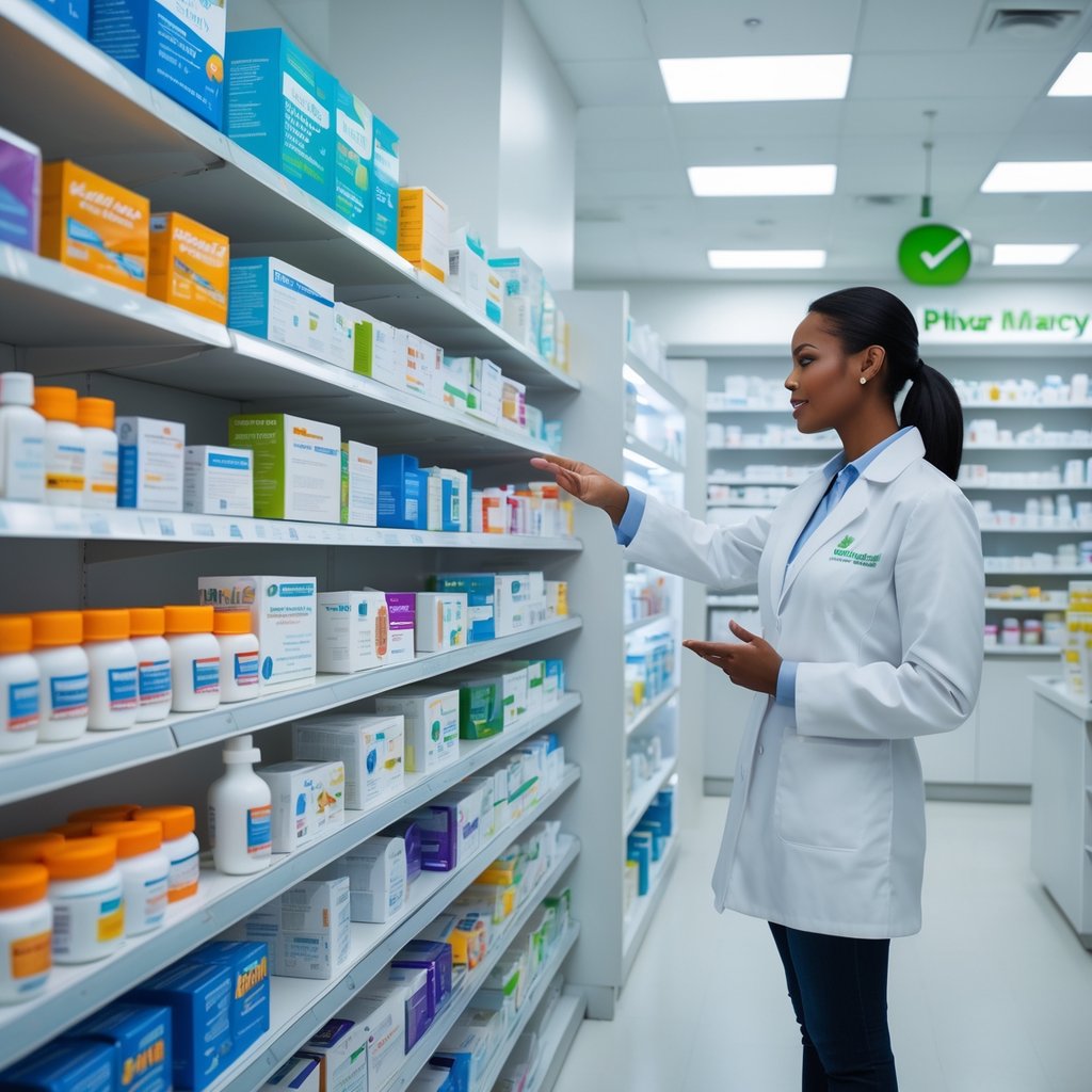 A pharmacist talks to a customer in a bright pharmacy near shelves stocked with various over-the-counter medicines.