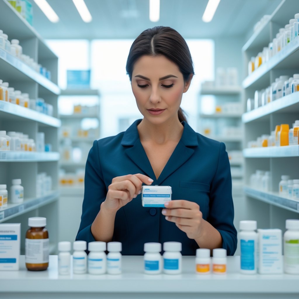 A woman thoughtfully examining a medicine box in a pharmacy aisle filled with over-the-counter medications.