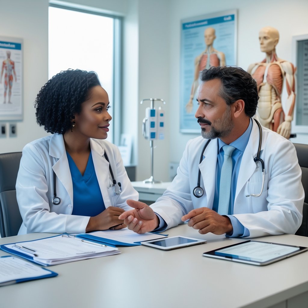 A doctor and patient discussing medication dosage during a medical consultation in a bright office.