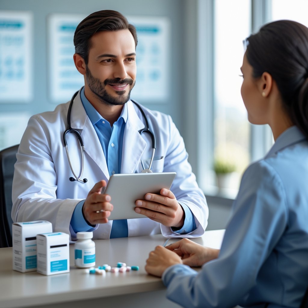 A doctor in a white coat consulting with a patient in a medical office, discussing medication with a tablet and pill bottles on the desk.