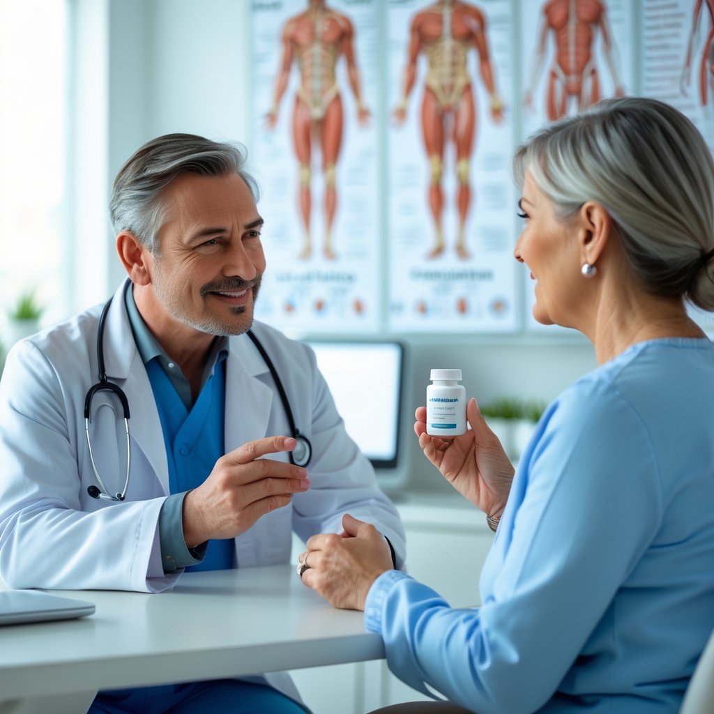 A healthcare professional discussing weight loss medication with a patient in a bright medical office.