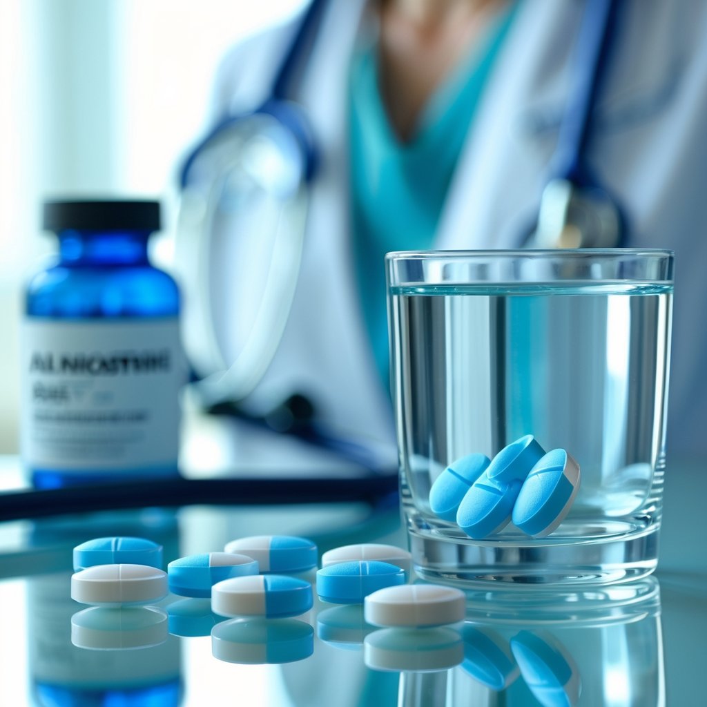 Close-up of atorvastatin pills next to a glass of water on a glass table with medical equipment blurred in the background.