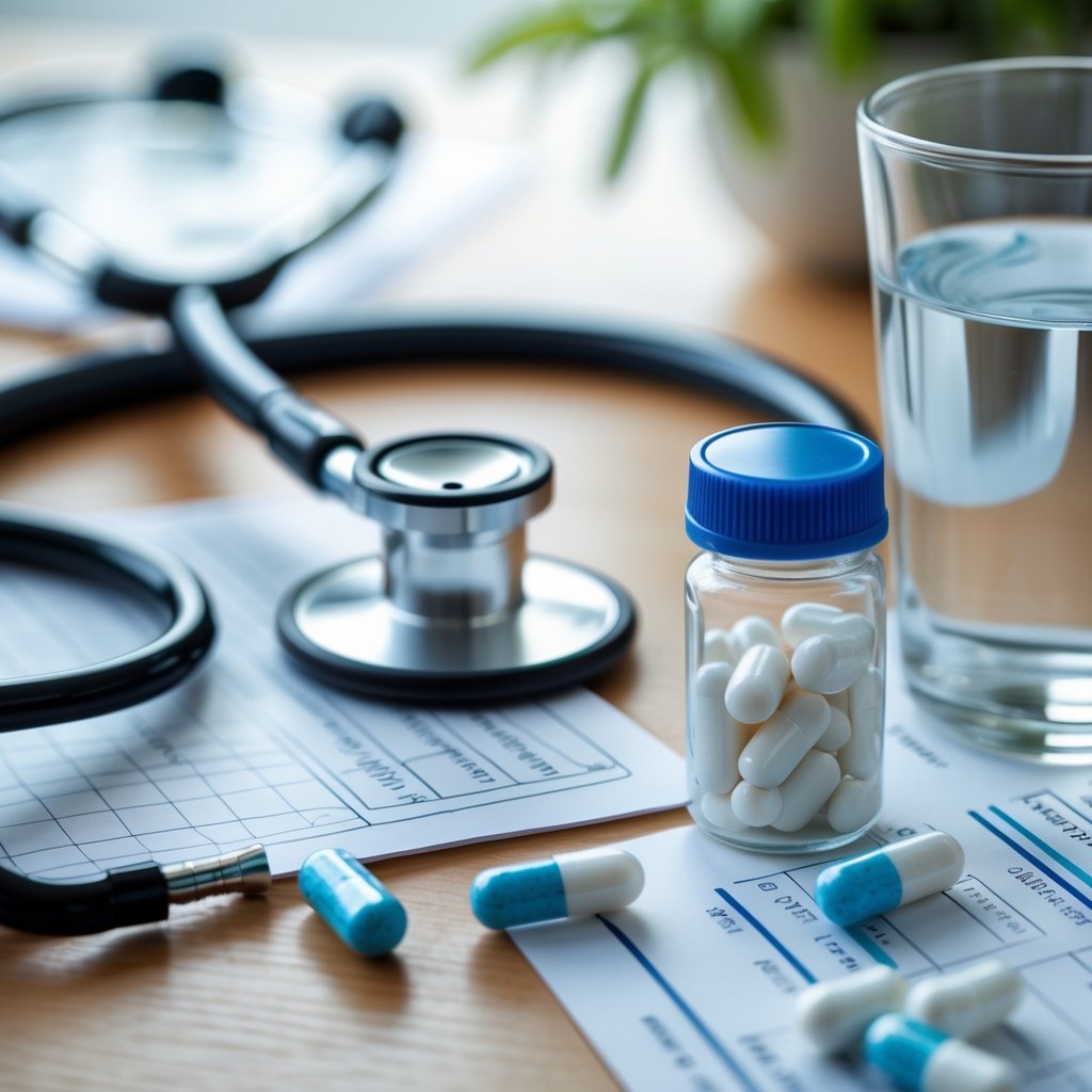 Close-up of a desk with a pill bottle, capsules, stethoscope, and a heart diagram on a medical chart.
