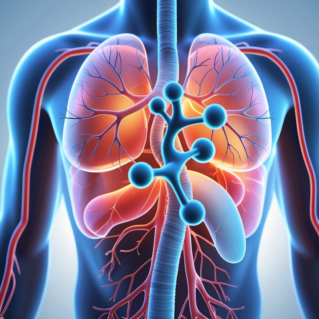 Human torso showing blood vessels with red blood cells flowing and molecules representing medication interacting with the bloodstream.