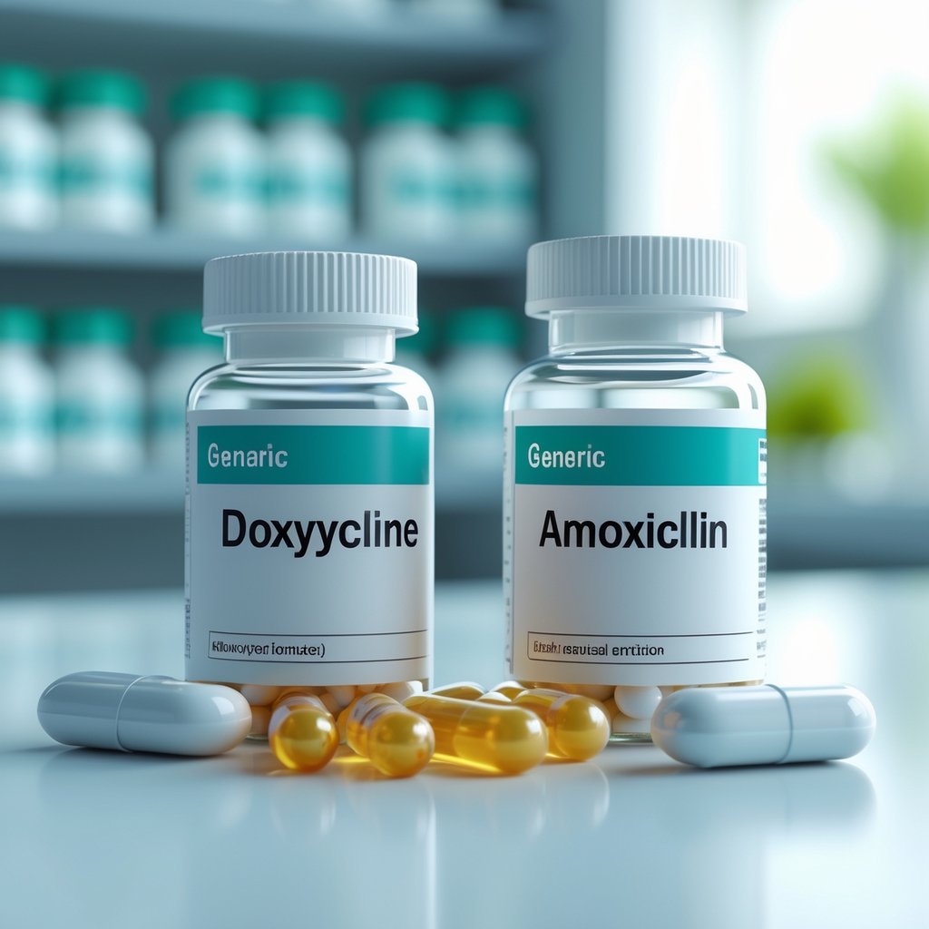 Two prescription medication bottles with capsules and tablets on a white surface in a medical setting.