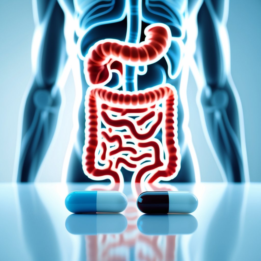 Two capsules representing doxycycline and amoxicillin placed on a white surface with digital illustrations of human organs in the background.