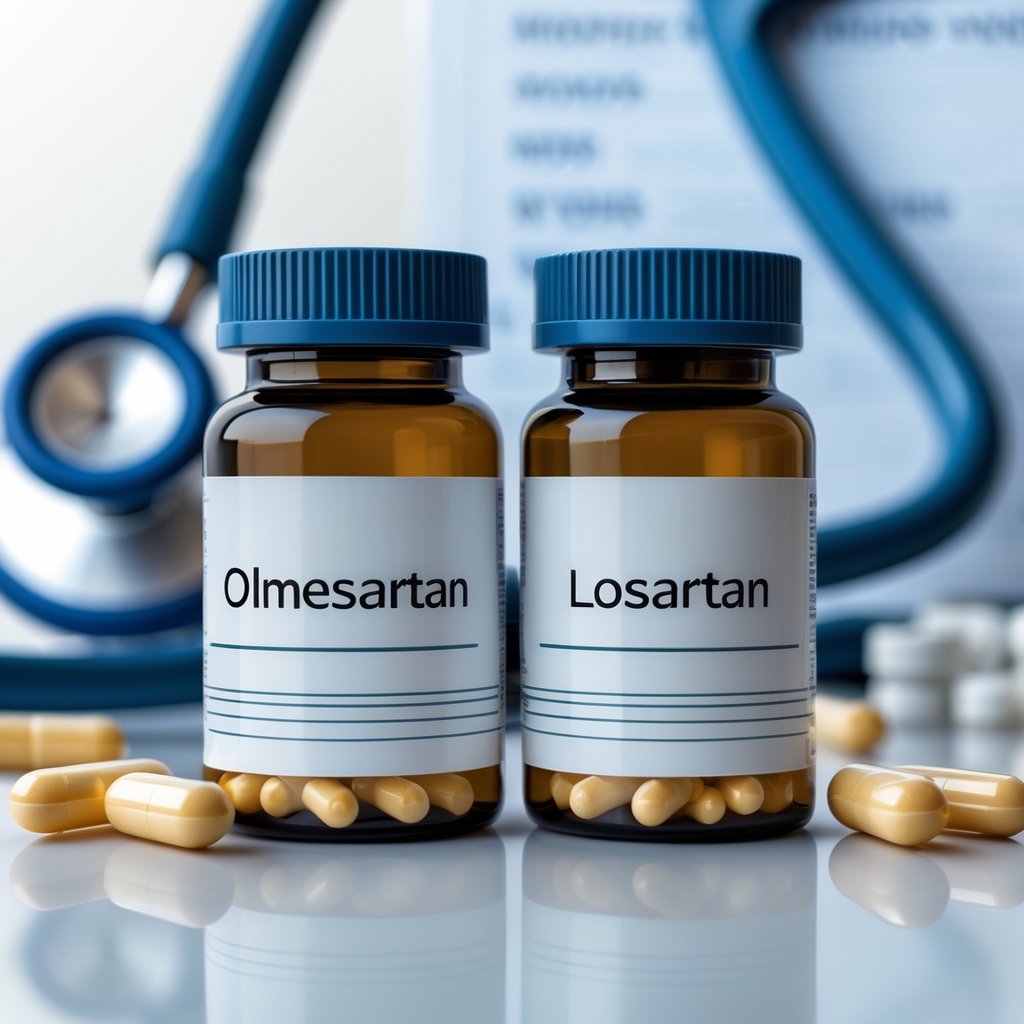 Two prescription pill bottles with capsules and tablets on a white surface, with a stethoscope and medical chart in the background.