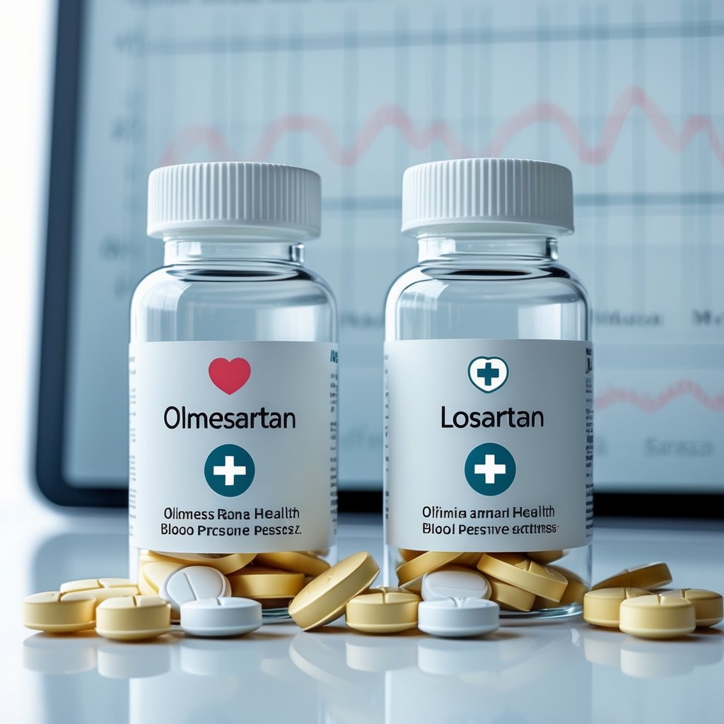 Two medicine bottles with pills on a white surface in front of a blurred medical chart showing heart rate lines.